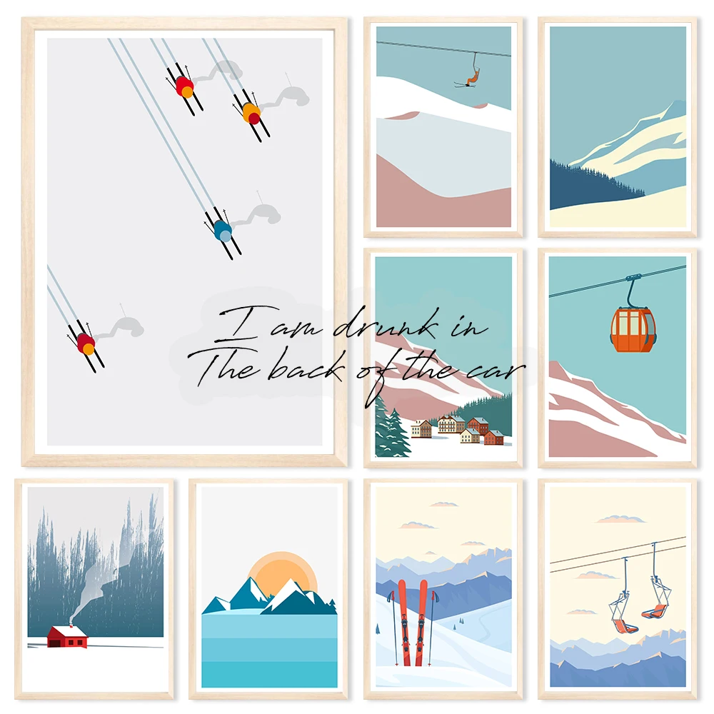 Winter Ski Illustration Poster Skifahren Sport Malerei Moderne Wand Kunstdruck Leinwand Malerei Wand Dekor Schnee Berg Wand Dekor