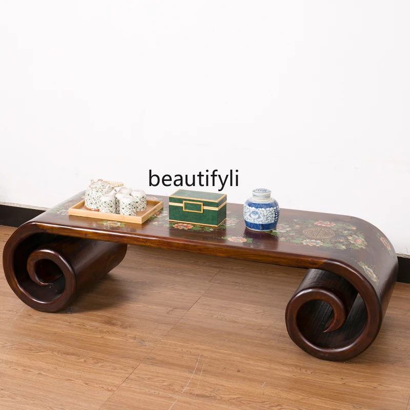 

Solid Wood Roll Table Old Elm Wood Painted Tea Table Ming Qing Classical Side Table New Chinese Style