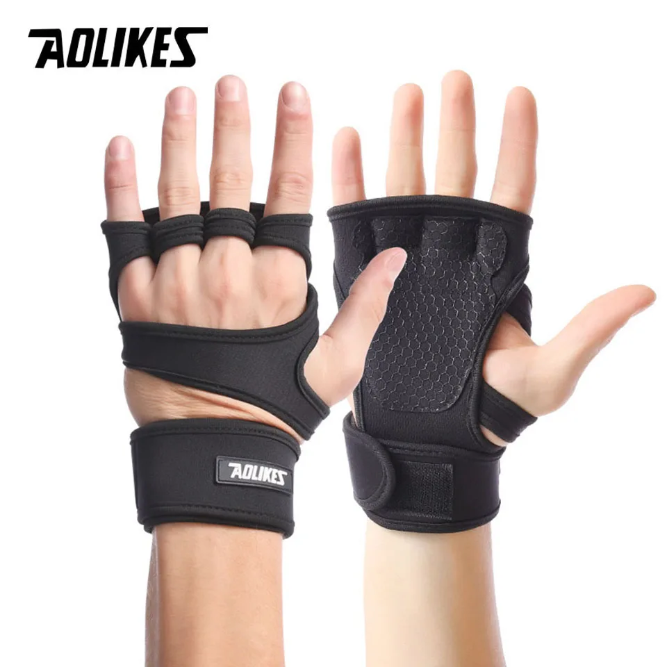 

AOLIKES перчатки для фитнеса для тяжелой атлетики с бинтами на запястьях, силиконовый гель, полная защита ладоней, перчатки для тренировок в тренажерном зале, пауэрлифтинг