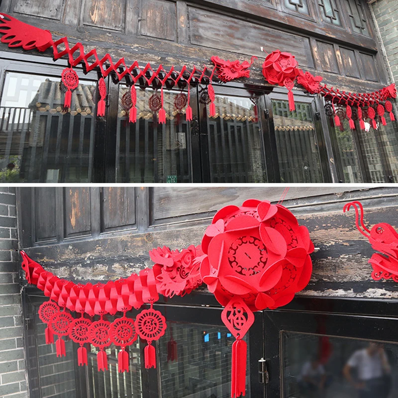 2026 Chinese New Year Dragon Decorations Red Felt Garland with Fu Characters Hanging Ornaments for Home Festival Party Decor ﻿