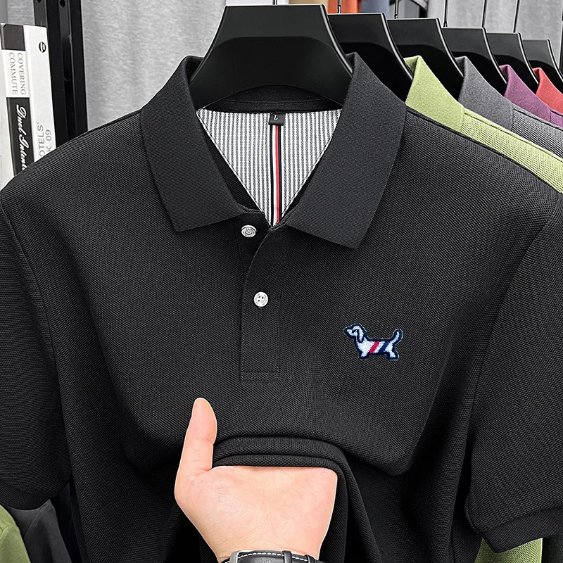 Luxury Men 100% Cotton Short-Sleeved Polo Shirt Lapel Button Dog embroidery Breathable Comfort Summer New Tee Leisure Men's Wear