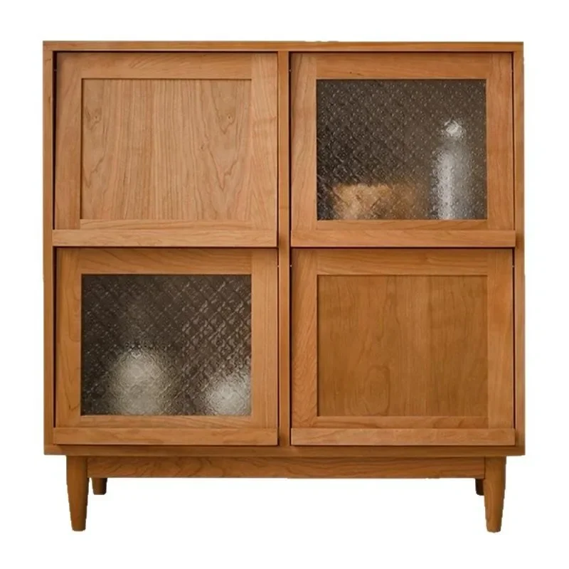Nordic dining side cabinet, solid wood magazine cabinet, glass homestay sofa side cabinet