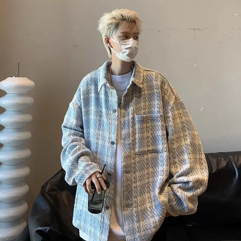 

Artistic Hong Kong Style Men's Checkered Woolen Coat High End Relaxed Shirt Collar Autumn Winter Casual Premium Jacket