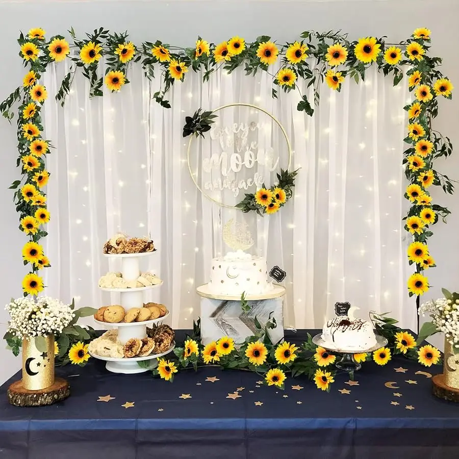 10 عبوات من إكليل عباد الشمس الاصطناعي، 8.2 قدم/قطعة من عباد الشمس الحريري مع أوراق خضراء، كروم زهور لغرفة المنزل والمطبخ والحديقة نحن #5