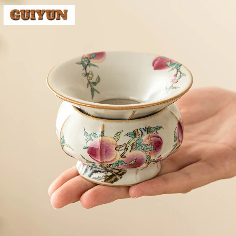 Retro Ru Kiln Longevity Peach Tea Leakage Filter Tea Separator Infusor Tea Strainer Tea Soaking Tea Filter Tea Ceremony Craft