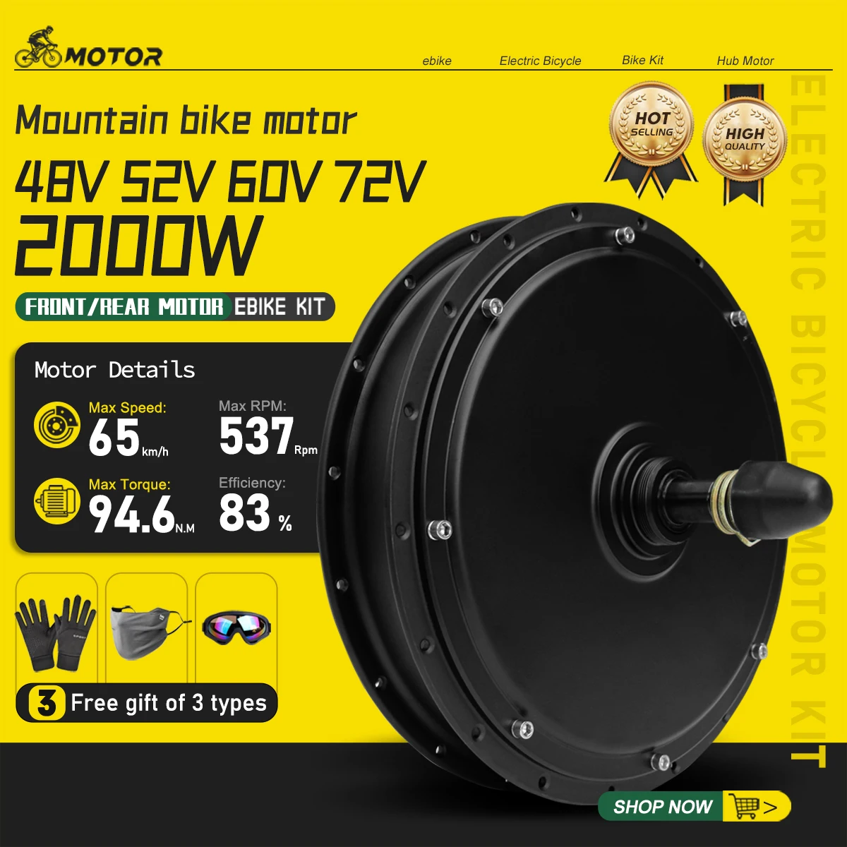 

Electric Bicycle Motor 52V48V60V72V 2000W Brushless Gearless Hub Motor Front Rear Freewheel Wheel Drive For Ebike Conversion Kit