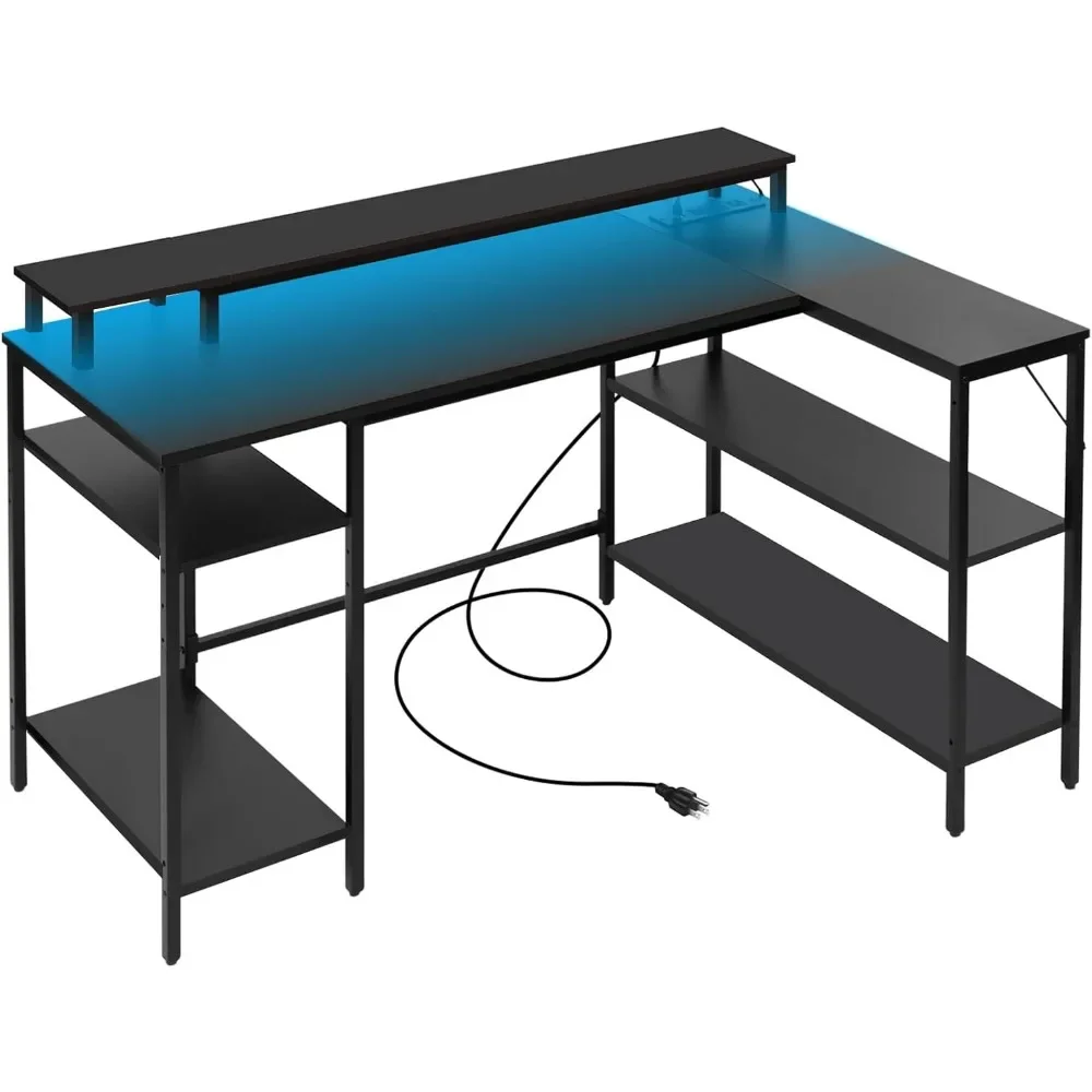 L Shaped Gaming Desk with LED Lights & Power Outlets,Reversible Computer Desk with Stand & Shelves, Corner Desk Home Office