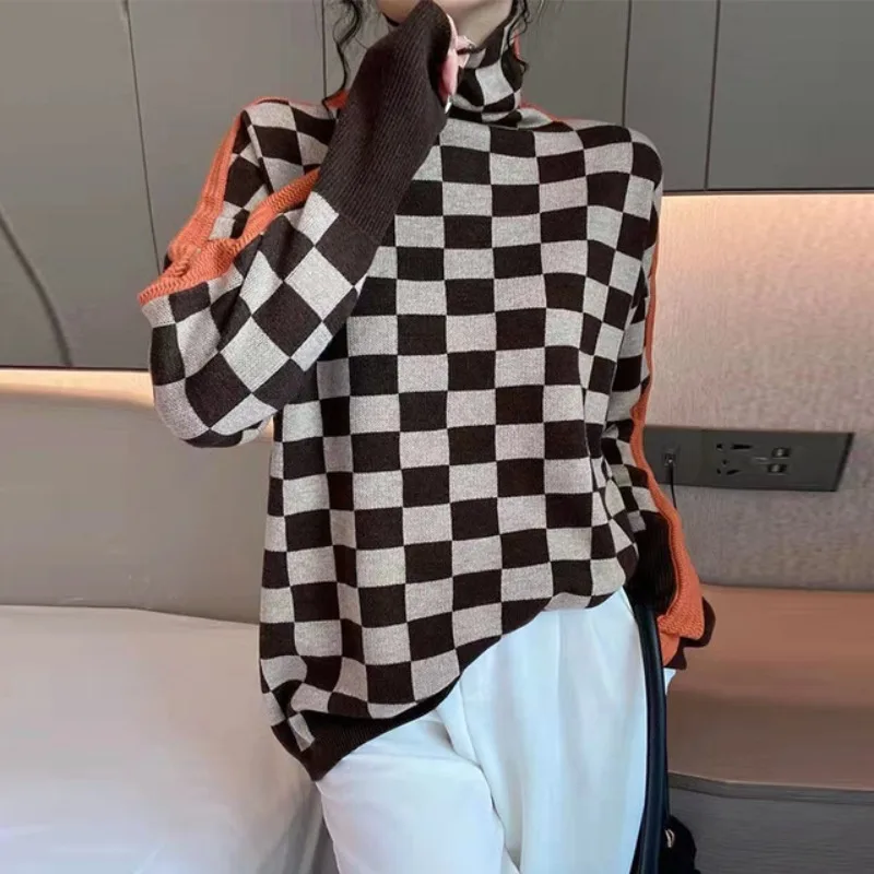 2025 الخريف والشتاء موضة جديدة المرأة سترة أنيقة ومثير عالية الرقبة المطبوعة الراقية الفاخرة رداء علوي من الصوف سترة