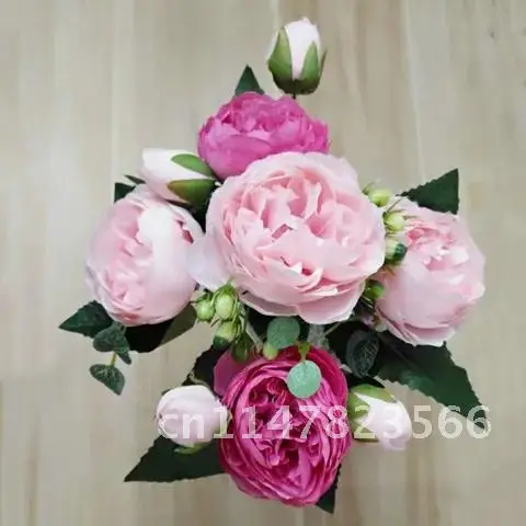 Silk Peony Artificial Flowers Bouquet 5 Big Head and 4 Bud Cheap Fake Flowers for Home Wedding Decoration indoor 30cm Rose Pink