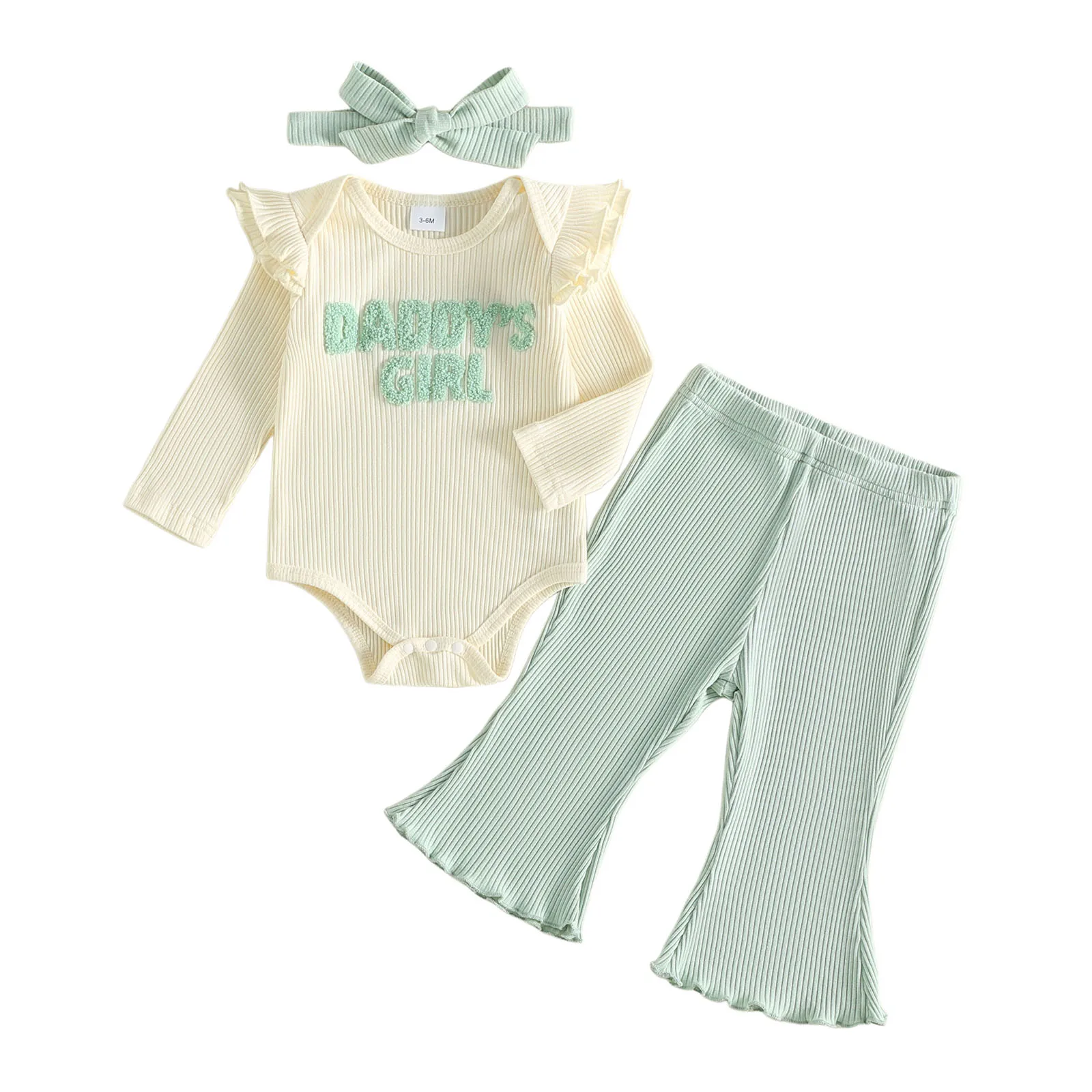 Baby Girl Fall Outfit Ribbed Long Sleeve Romper Flare Pants Bow Headband
