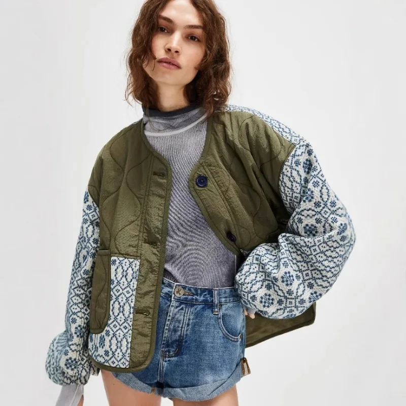 

Autumn Winter Women Long Sleeve O-neck Jacket Fashion Floral Printed Spliced Pocket Outerwear Elegant Loose Women's Commute Coat