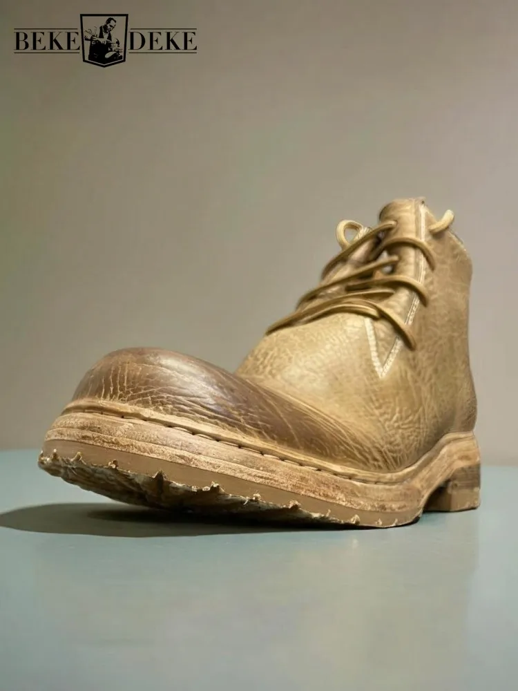 Men British Style Vintage Genuine Leather Boots High Quality Cowskin Motorcycle Boots Lace Up Outside Cargo High Top Shoes Male