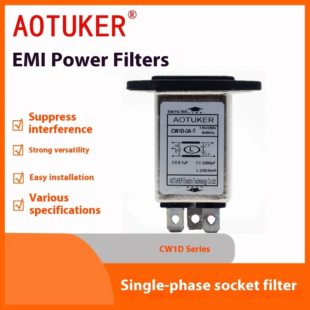 EMI Power Filter 115V/220V/250V Single Phase Socket Filter Anti-Interference [CW1D-3A/6A/10A-T]