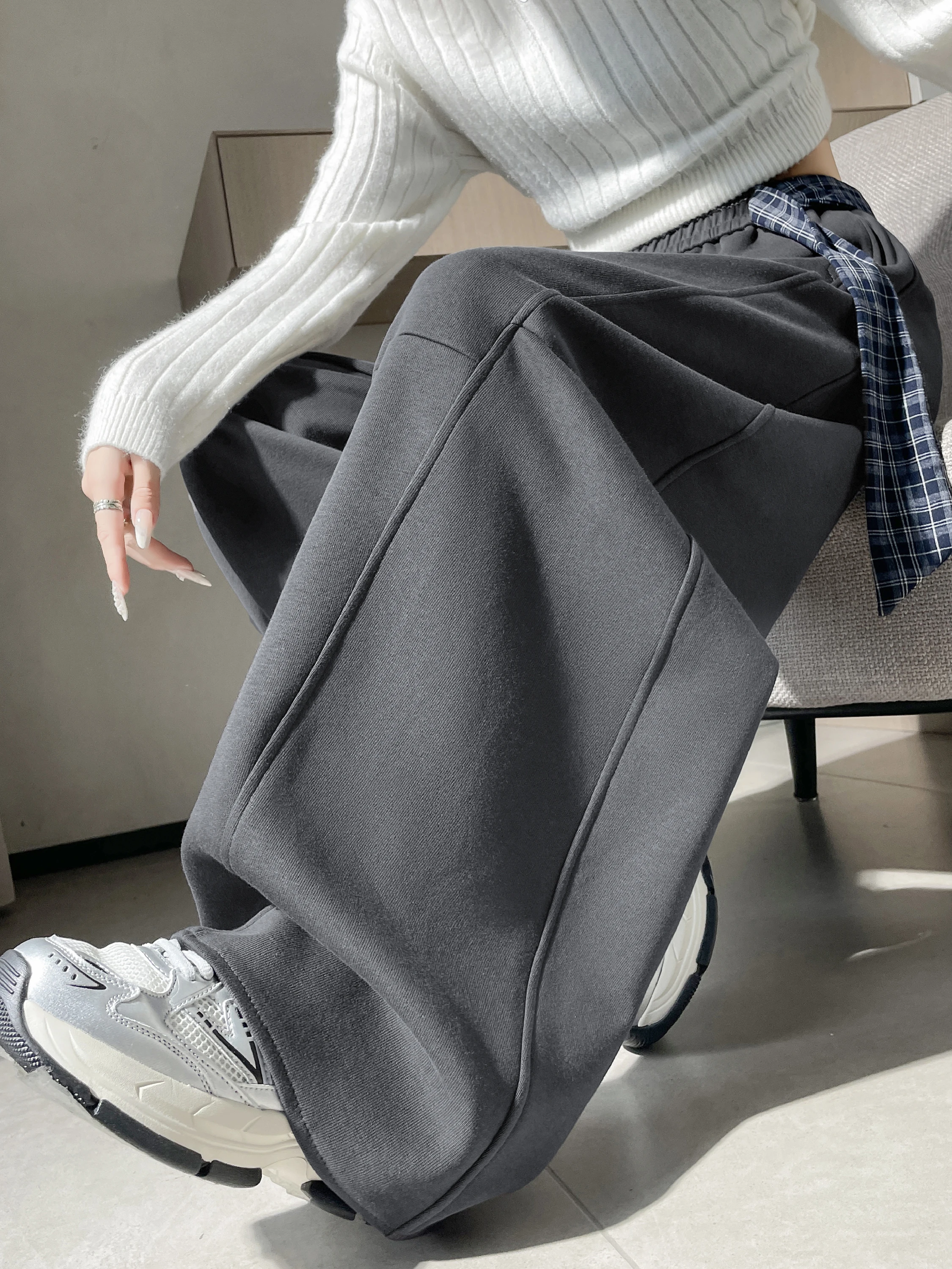 Ay Fce doublé Thiened pantalon à jambes larges femmes hiver taille haute ample sport décontracté longueur au sol pantalon