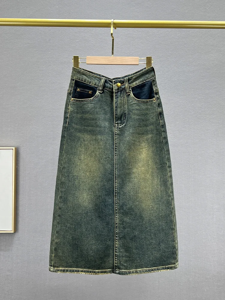 

Модная джинсовая юбка миди А-силуэта с высокой талией, женская эластичная свободная универсальная юбка средней длины для осени 2023 года