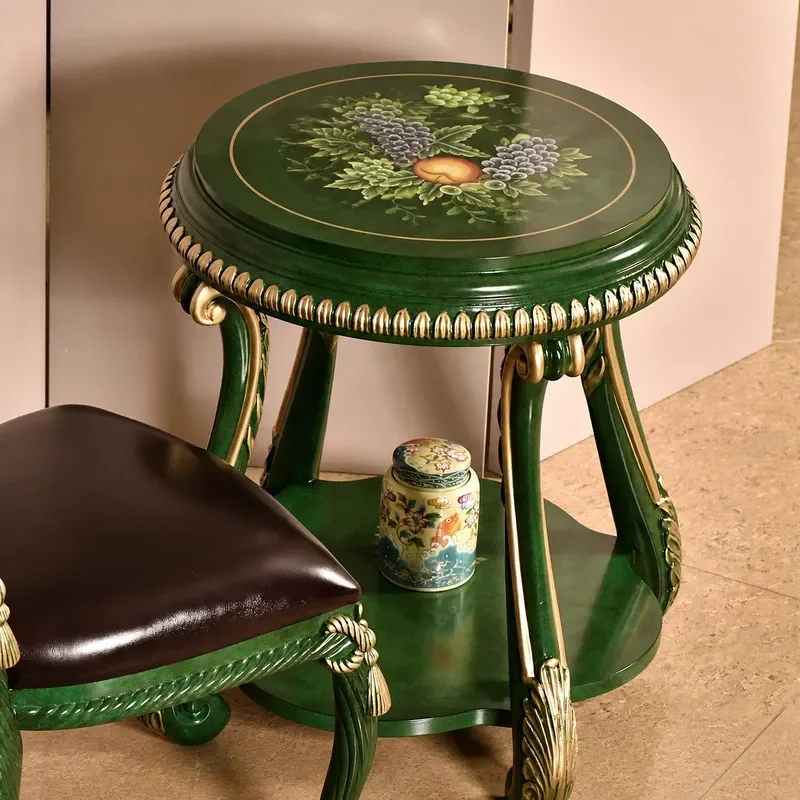 Hand Painted Carved Round Coffee Table Fabric Top Small Apartment Living Room Furniture