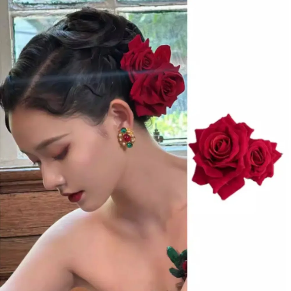 

Headdress Hair Accessories For Bridal Wedding Flocking Cloth Red Rose Flower Hairpin Hair Clip Simulated Flower Hairpin Ornament