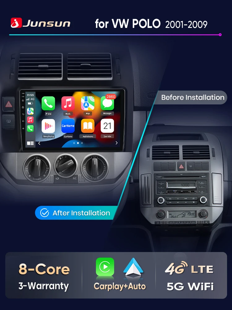 Junsun Autoradio für VW Volkswagen Polo Mk4 2001 2002 2003 2004 2005 2006 2007 2008-2011 CarPlay Android Auto FM RDS DSP BT GPS Navi SWC HD IPS Touchscreen Plug & Play Multimedia-Player