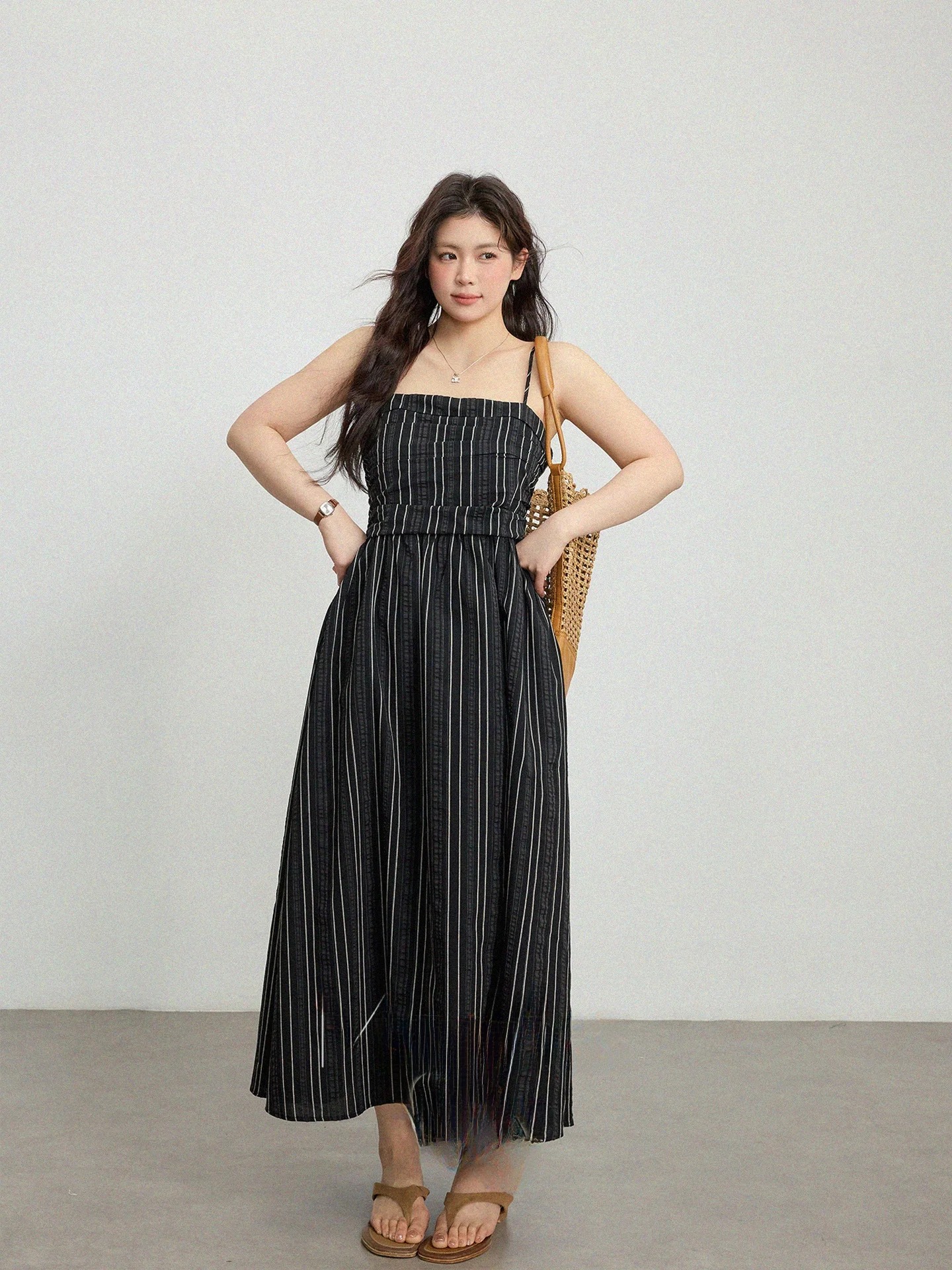 

plus Size Women's Striped Shift Dress Square Collar Sling Waist Spring Summer Casual Loose Fit Long Dress without Sleeve
