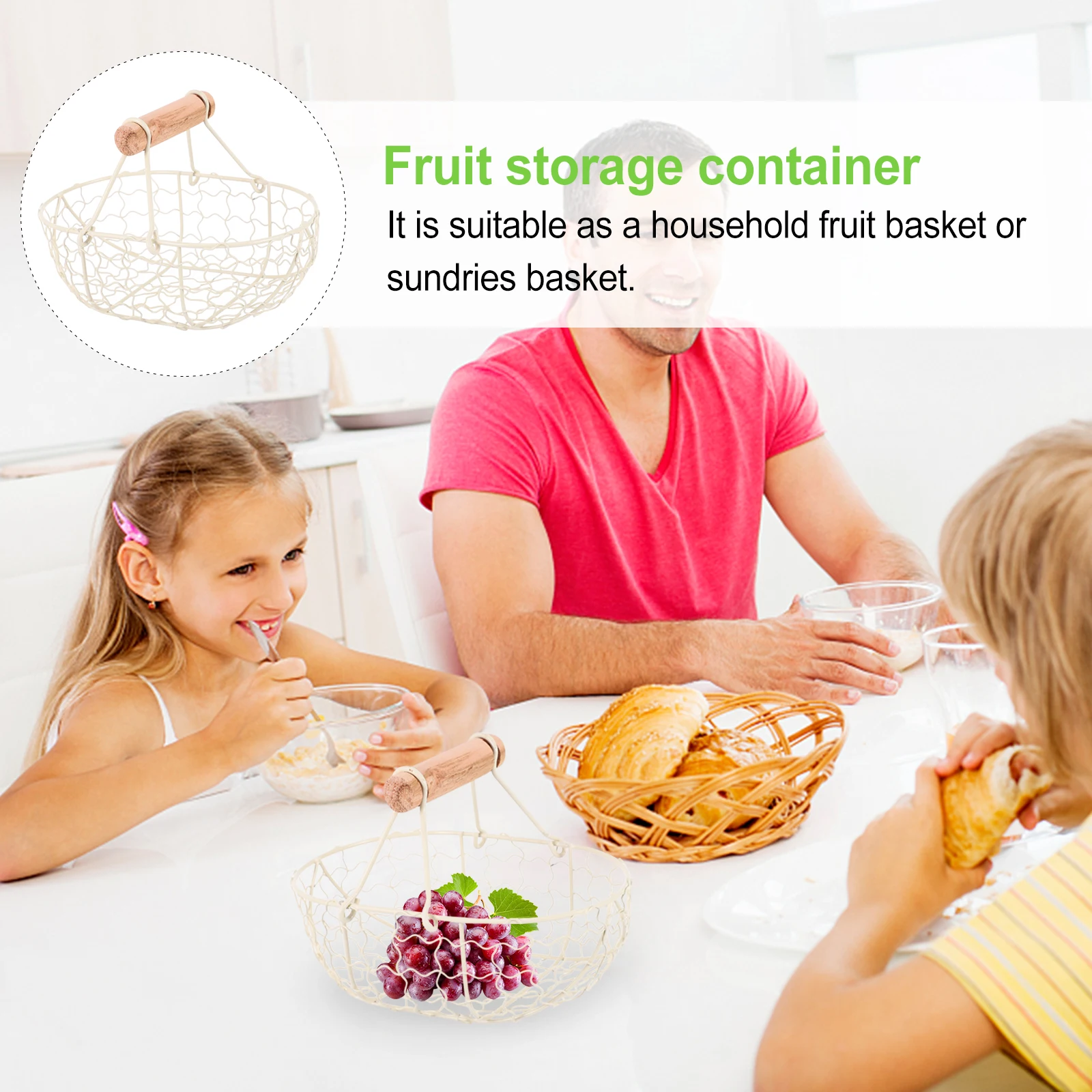 

Storage Basket Large Capacity Kitchen Fruit Bowl Drain Holder Rustic Wooden Handle Wire Baskets Egg Holder Home Decor