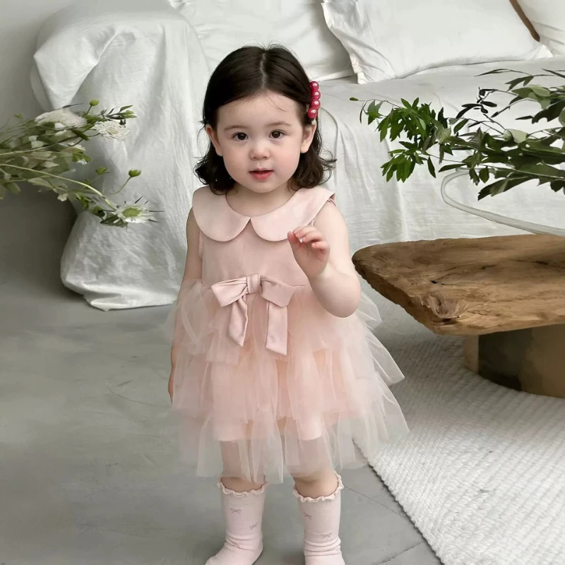 

2026 Children Girls Formal Dress New Kids Pink Birthday Party Baby Girl Princess Gown Sleeveless Tulle Bow Dresses Costume