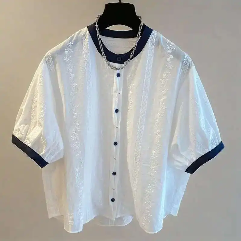 

Contrasting Color O-neck Puff Short Sleeve Embroidery Single Breasted Shirt Women Loose White Blouses Summer