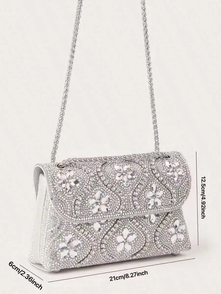 Elegant Rhinestone Floral Evening Clutch Bag For Party Wedding Prom