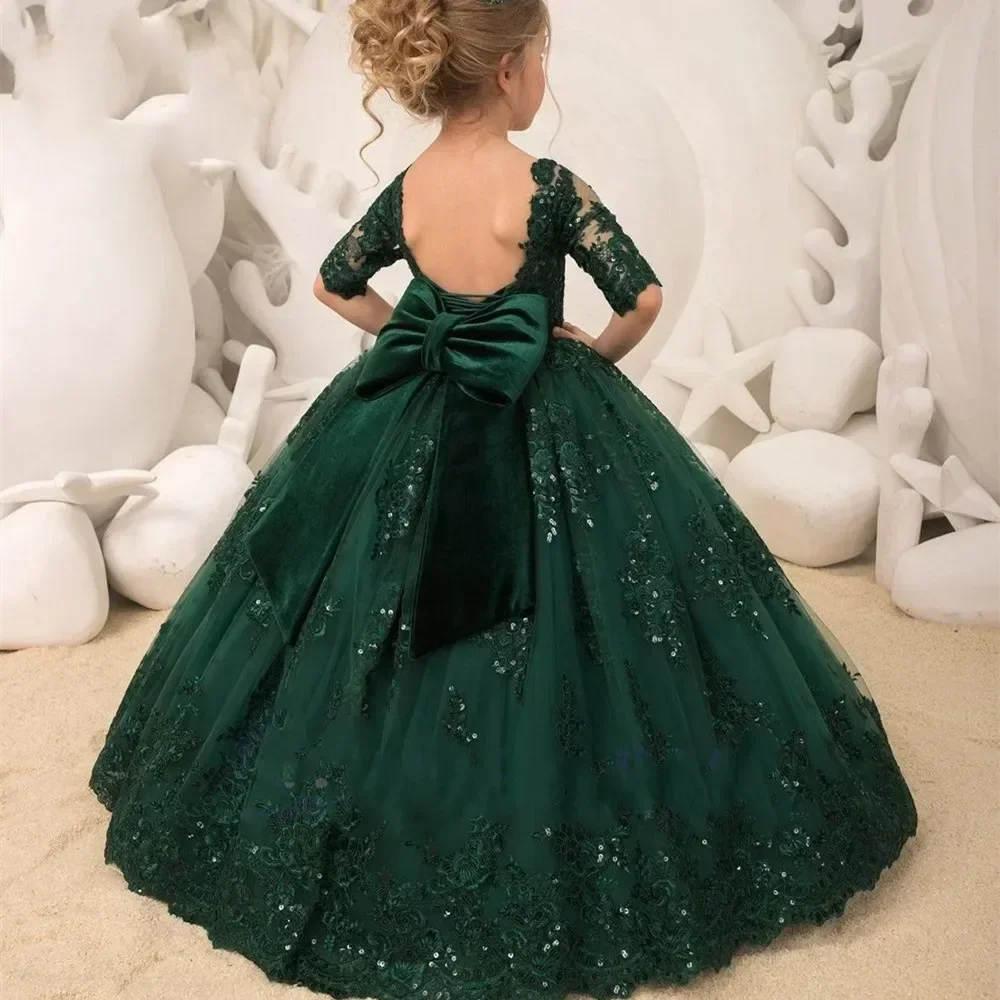 Robe élégante en dentelle pour filles, tulle, demi-manche, nœud pailmétrage, princesse, mariage, cadeau d'anniversaire pour enfants, première communion