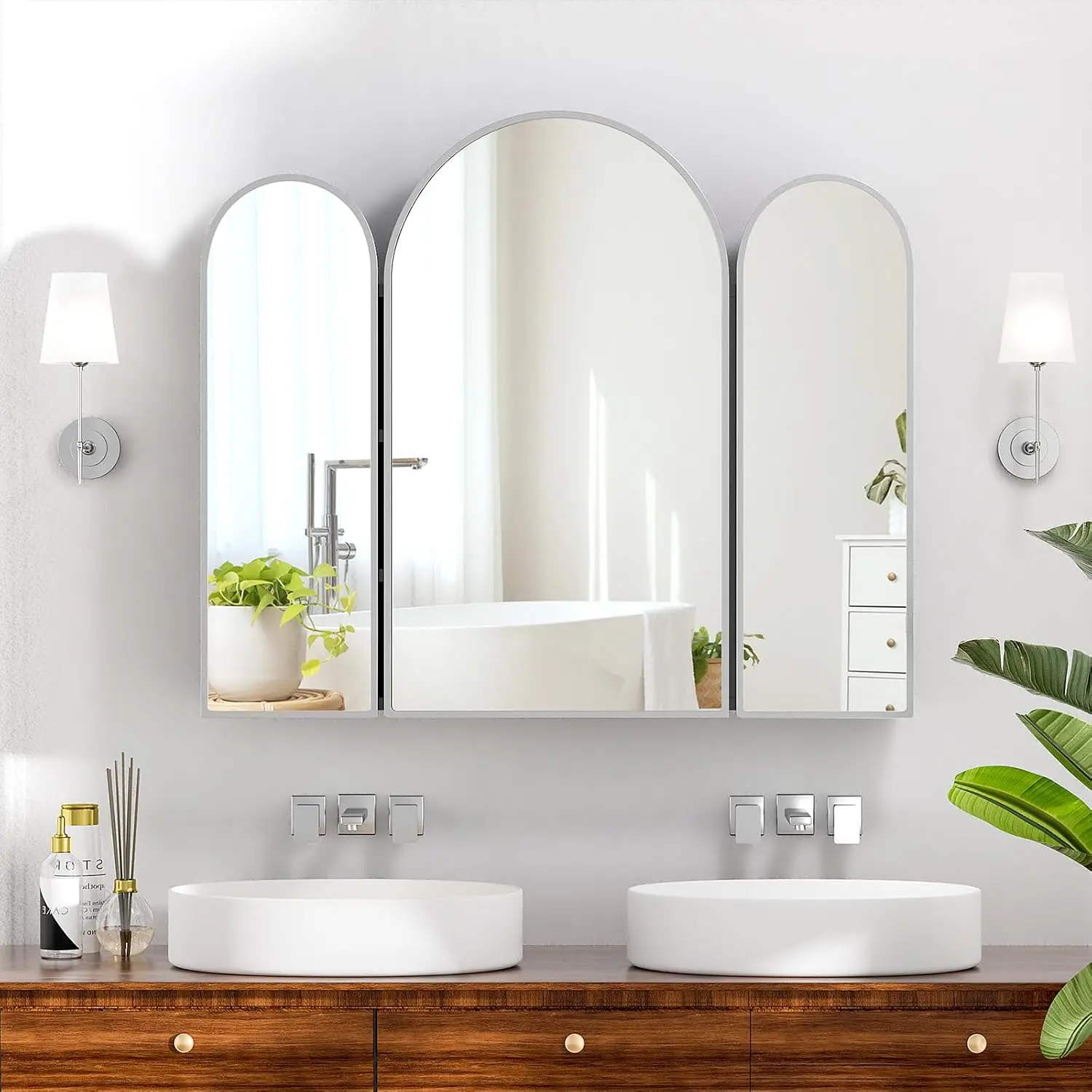 Arched Brushed Nickel Medicine Cabinet Mirror 3 Doors Surface Mount Bathroom Trifold Metal Edge 31X28Inch, Customized