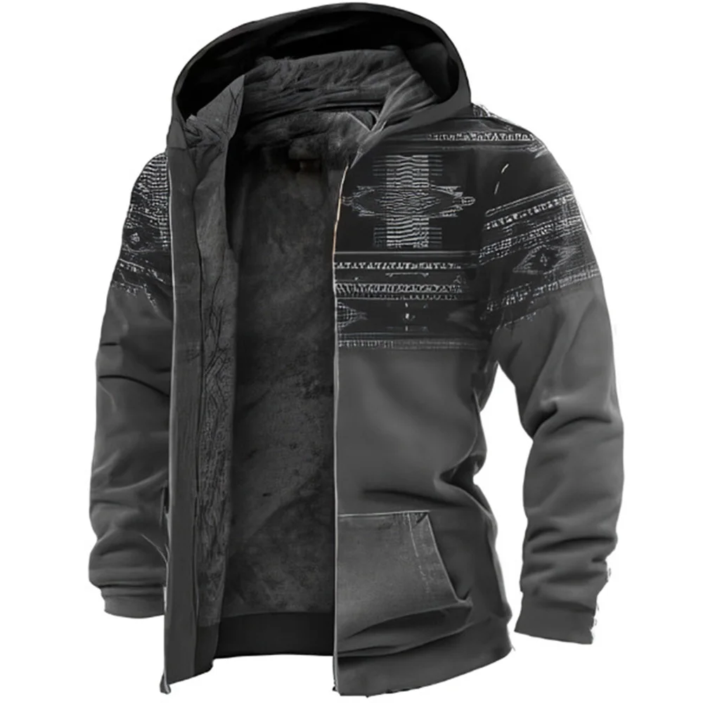 

Winter Men's Zip-up Hoodies Fleece Coat Jackets Classic Tribal Graphics Man Outerwear Streetwear Long Sleeve Cardigan Hooded