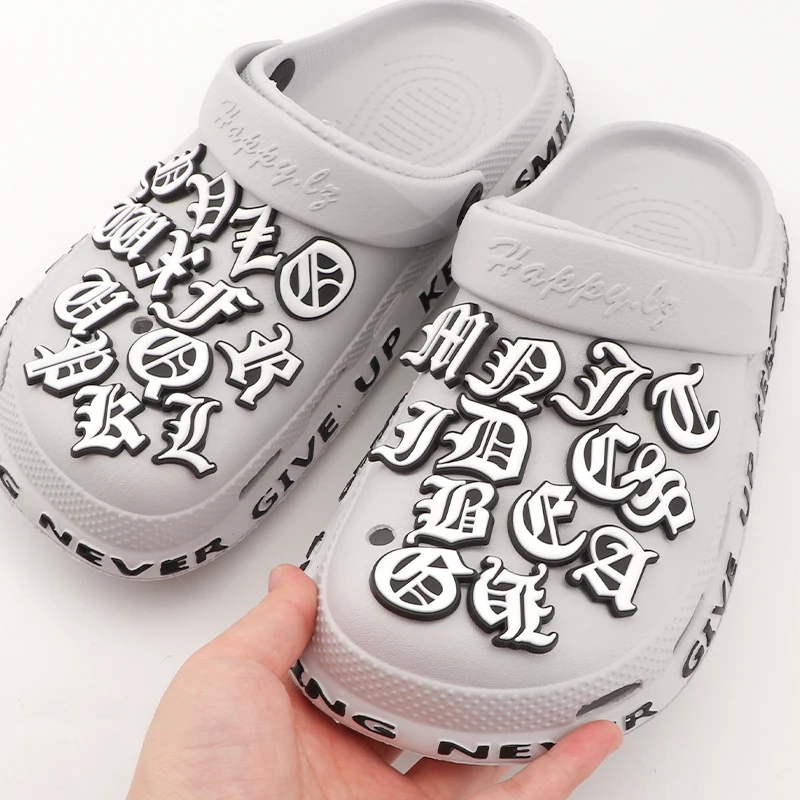 Black And White Old Alphabet Hole Shoes Charms Detachable Decoration Letter Accessories For Men Women Sandals Ornaments 1Pcs