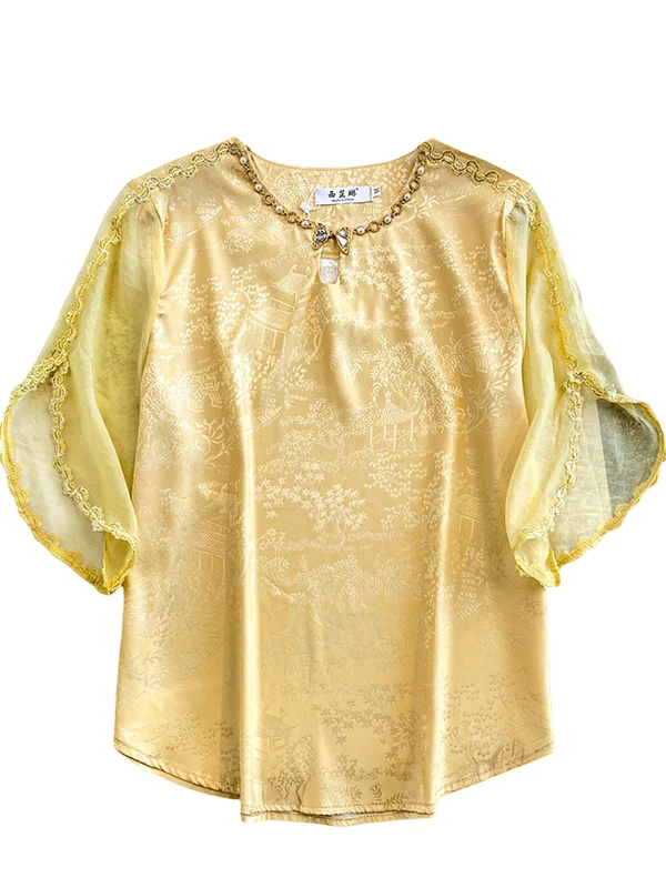 تي شيرت ريترو كورت Sle مستدير Ne تي شيرت نسائي عالي الجودة من الساتان المطرز المرقعة Me خمسة أرباع Sve Top Ele Feeling