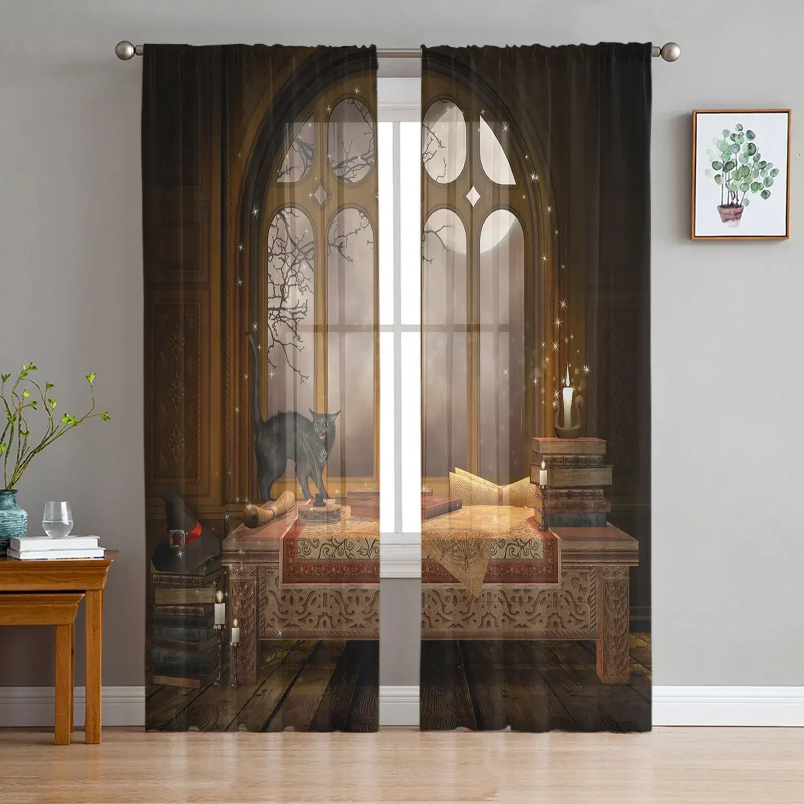 Castle Window Desk Moon Cat Book Tulle Sheer Window Curtains for Living Room the Bedroom Modern Voile Organza Curtains Drapes