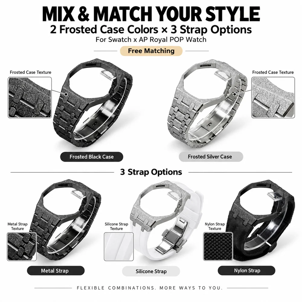 Frosted Finish Metal Case + Strap for Swatch X AP Royal Pop Silicone/Metal/Nylon Band Pocket Watch Changer To Wristwatch Mod Kit
