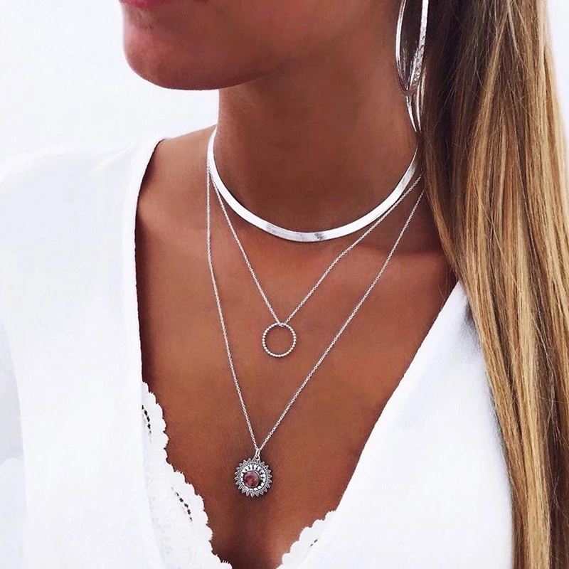 

Aihua Bohemian Multi Layered Geometric Round Circle Polaris Pendant Necklace for Women Vintage Necklace Collier Collares