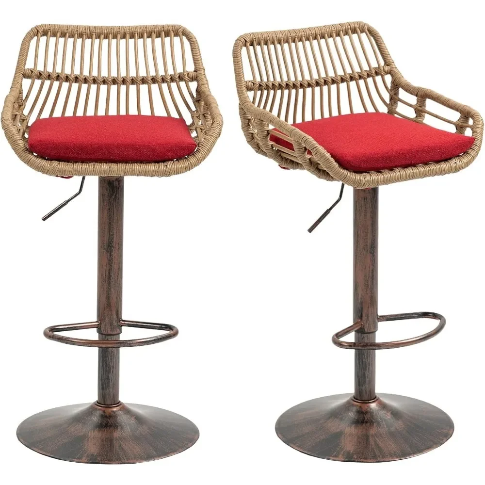 XMSJ-Rattan Bar Stool Set, ajustável Bar Stool com almofada de linho, 360 ° Baixo Encosto e apoio para os pés, Rotating Bar Stool, 2 PCs