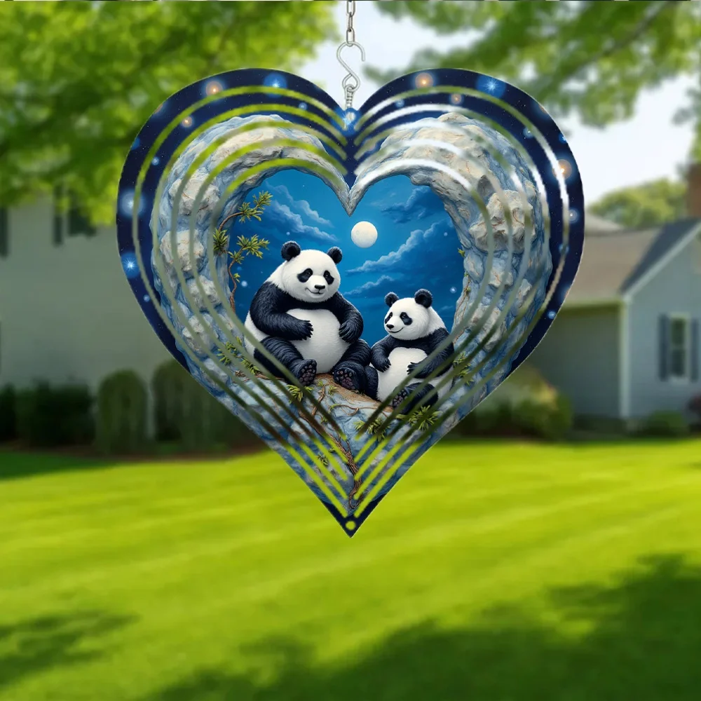 2D Flat - Two-Dimensional Flat Design, a Single Metal Wind Chime, Decorative Hanging   Peaceful Panda Pair Under The Moonlight