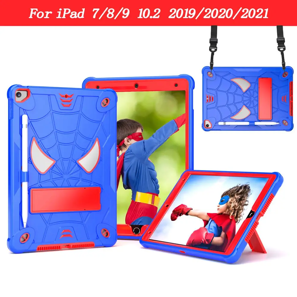 For ipad 9th Gen 2021 10.2 inch Case Kids Tablet cover Silicone +PC case for iPad 8th / 7th Gen A2602 A2603 A2604+shoulder strap