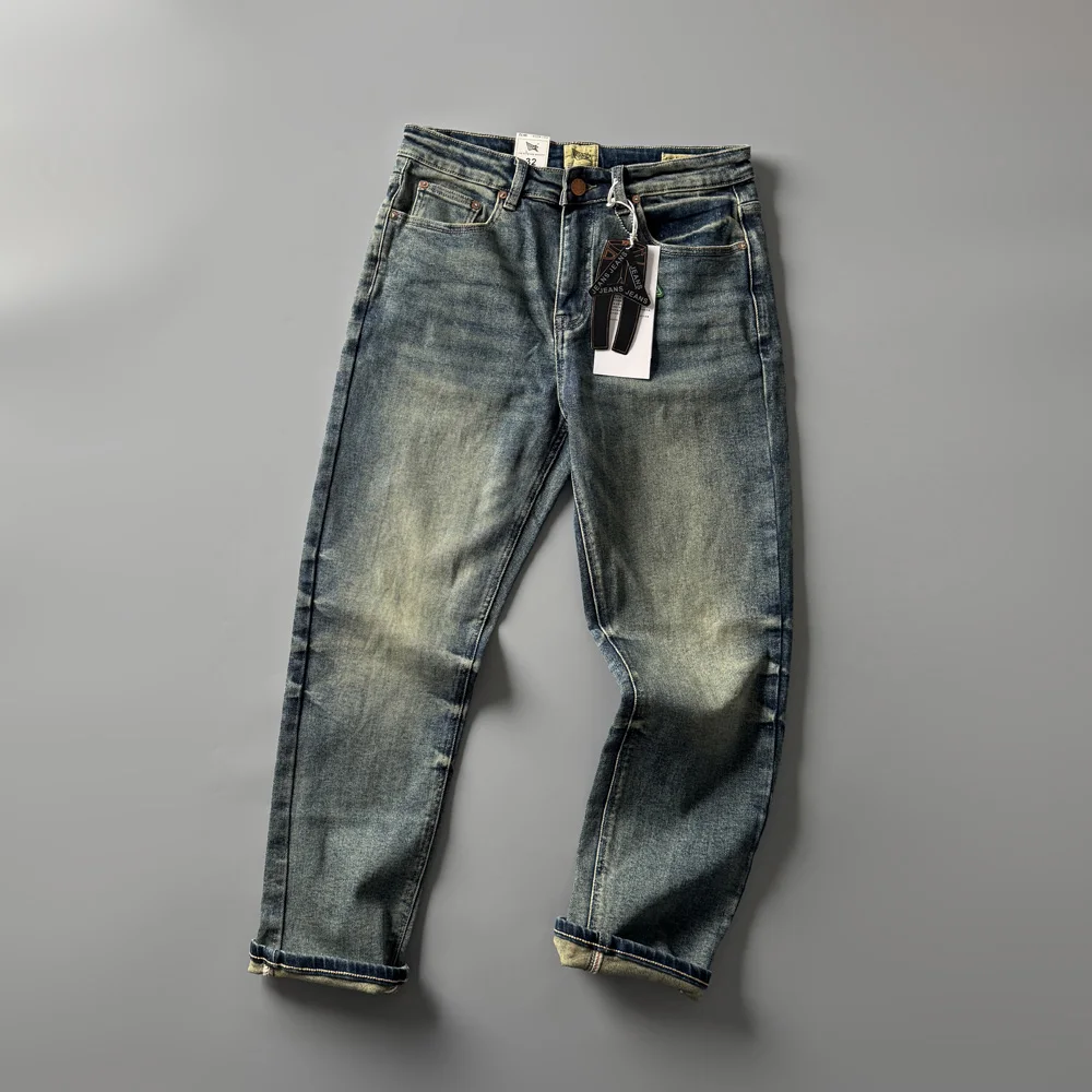 

Винтажные джинсы Color Loing с эффектом потертости, зауженные прямые, из плотной ткани, в американском стиле, мужские, универсальные, на весну, осень, зиму