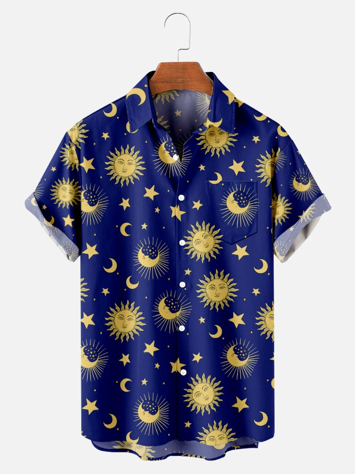 New Moon Shirt y2k hombre Harajuku thin adult Hawaiian shirt Short-sleevedloose star and moon pattern beach Tops