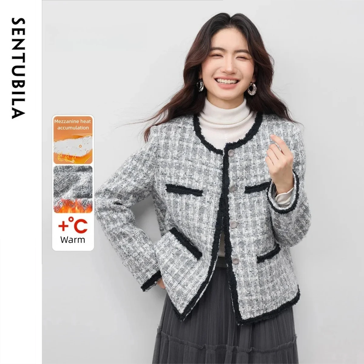 SENTUBILA Women Winter Tweed Plaid Short Jacket Ladies Contrast Frayed Edge Quilted Warm Metallic Thread Outerwear 154WA2105
