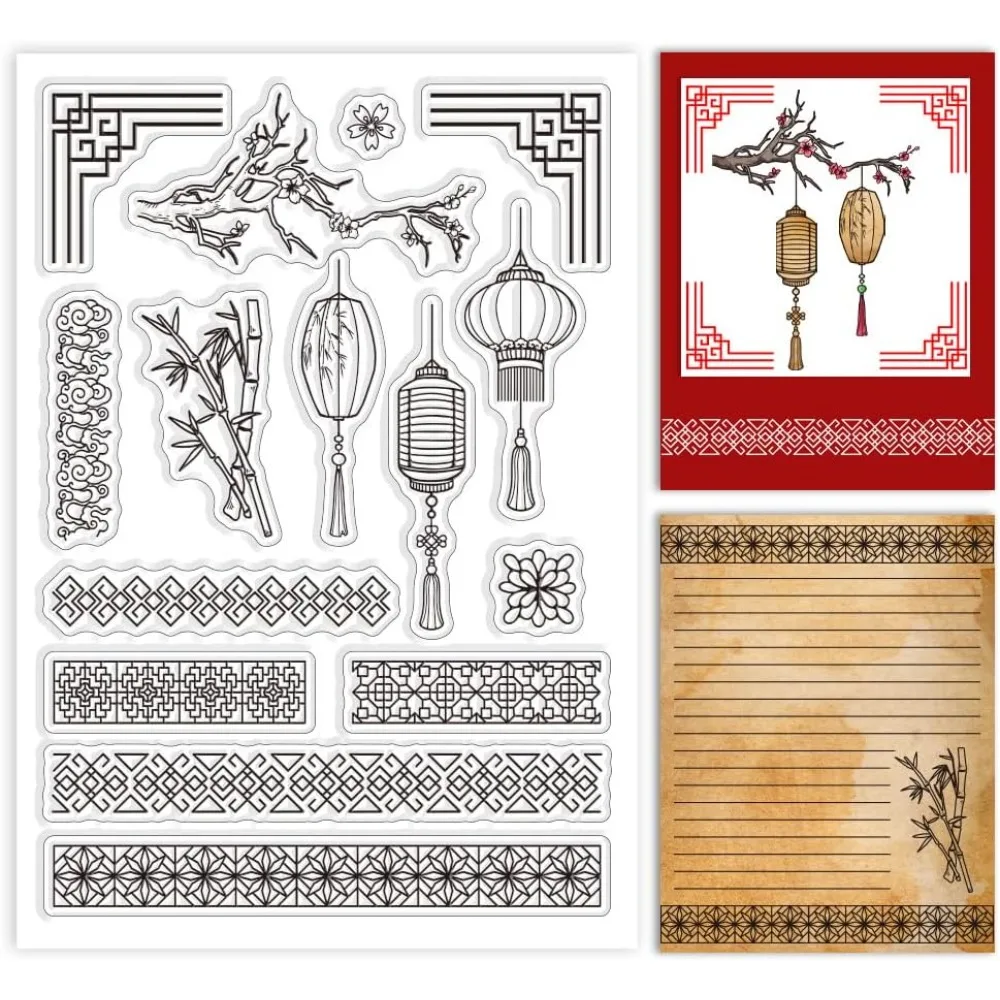 PandaHall Chinese Patterns Clear Stamps for Card Making, Lantern Rubber Stamps Transparent Winder Border Paper Craft Stamps for