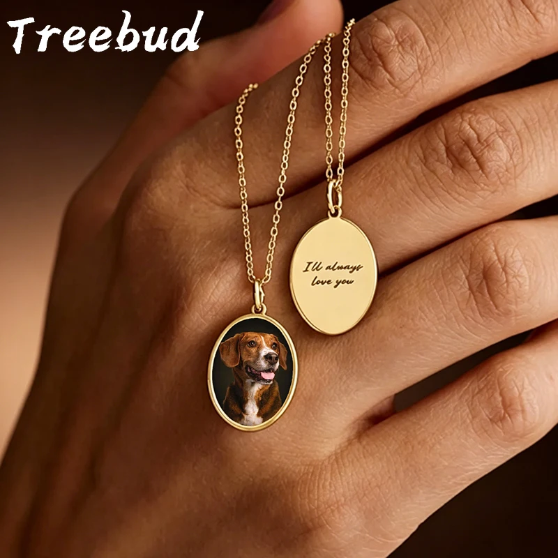 Treebud Custom Color Photo Nameplate Necklace Stainless Steel Engraved Portrait Personalize Pendant for Women Men Jewelry Gift