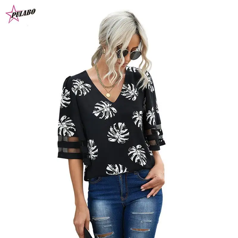 PULABO PERITANG Summer Women Chiffon Blouses Short Sleeve O-Neck Loose S-XXL Casual Lady Shirt Tunics Top Blusas Feminin