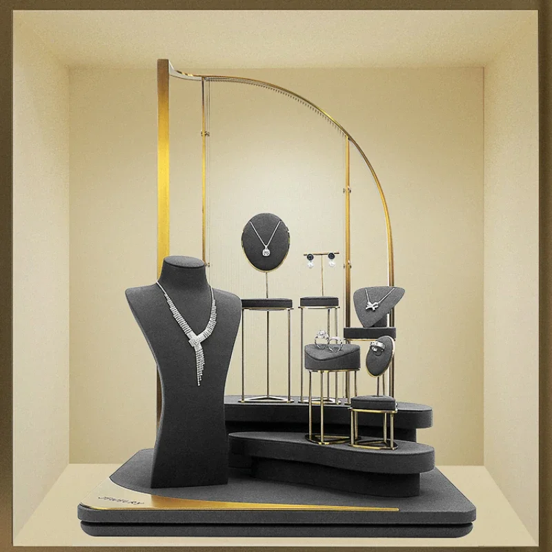 Gray microfiber metal jewelry display props, high-end light luxury rings, earrings, necklaces, counters, jewelry display racks