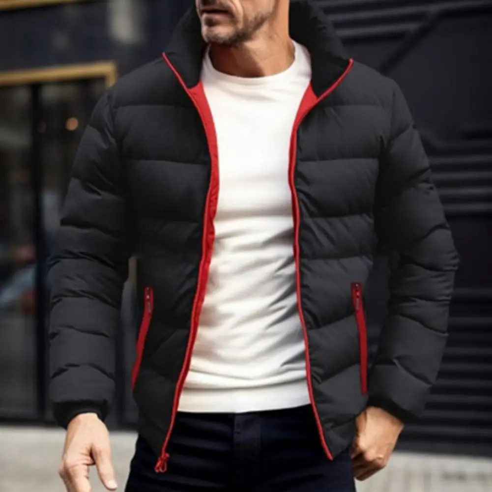 Men Jacket Autumn Winter Thickened Jacket Quilted Puffer Jacket with Stand Collar Side Pockets for Men Full Zipper Closure Solid