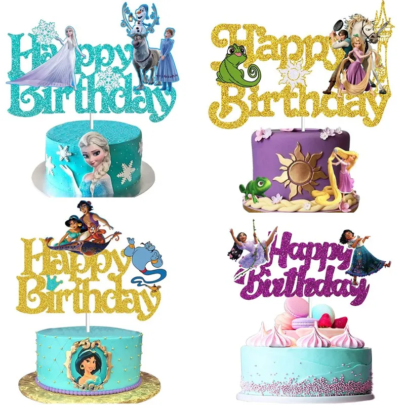 Frozen Elsa Anna Jasmine Happy Birthday Cake Topper Sleeping Princess Rapunzel Cake Decoration for Girl Baby Shower Party Supply