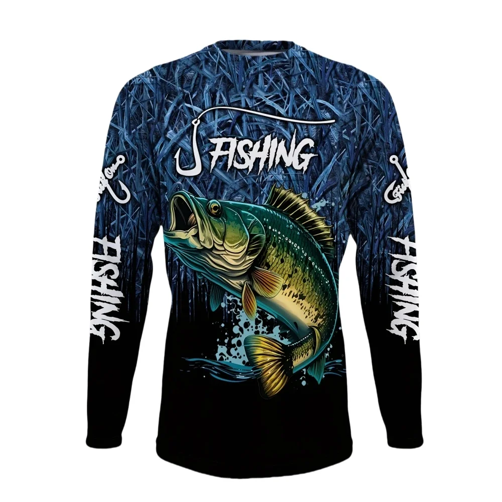 Men Fishing Long Sleeve T‑Shirt Bass Fish 3D Print Camo Grass Background Outdoor Angling Sports Casual Tee Tops
