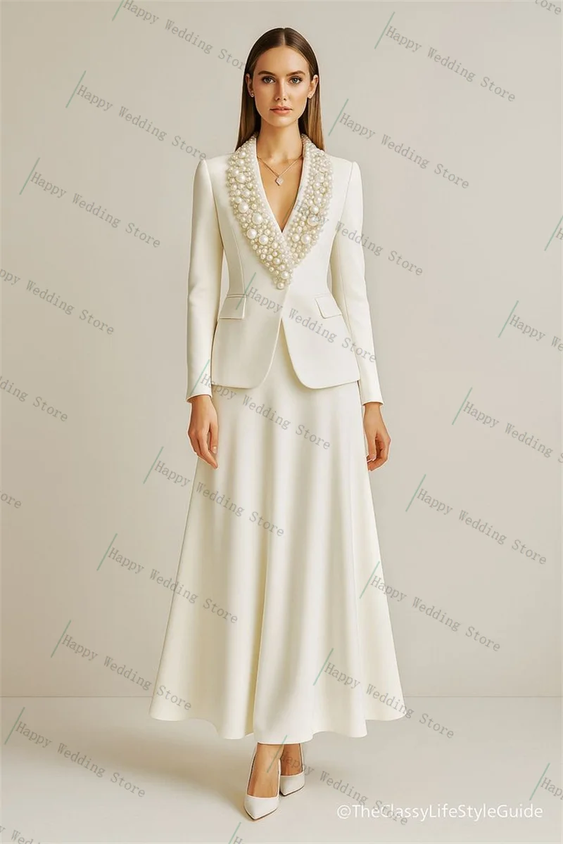 

White Pearls Women Suit Skirt Set 2 Piece Blazer+Prom Dress Elegant Autumn Formal Office Lady Customized Jacket Wedding Coat
