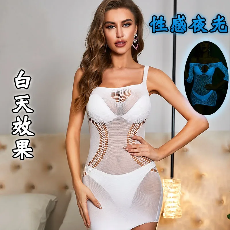 توهج الظلام مجموعة الملابس الداخلية النسائية ملهى ليلي بوديستوكينج شبكة صيد السمك فستان انظر من خلال شبكة الدانتيل يصل المثيرة Sexpy زي ملابس الحفلات #3